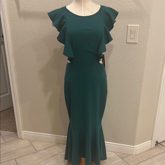 Bebe- Evergreen- Open back- Elegant  Ruffle Sleeve Dress - Picture 1 of 7